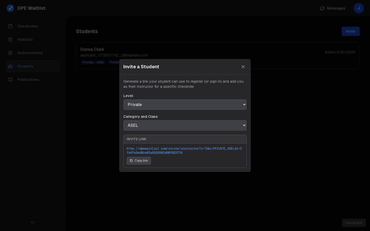 Invite a Student modal with Level and Category selected and an invite link generated