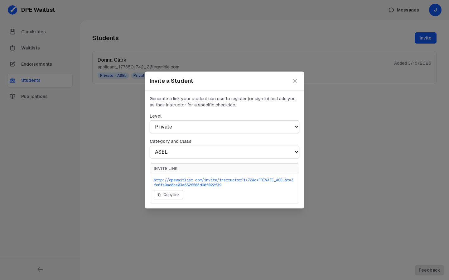 Invite a Student modal with Level and Category selected and an invite link generated