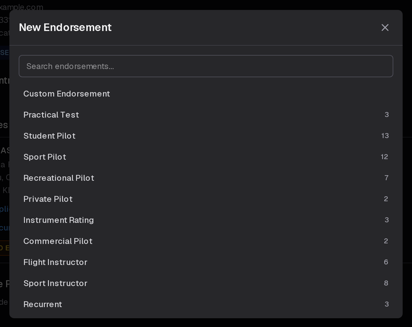 New Endorsement, with a search and the endorsements grouped by section