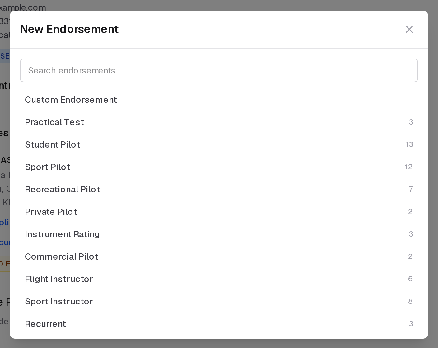 New Endorsement, with a search and the endorsements grouped by section