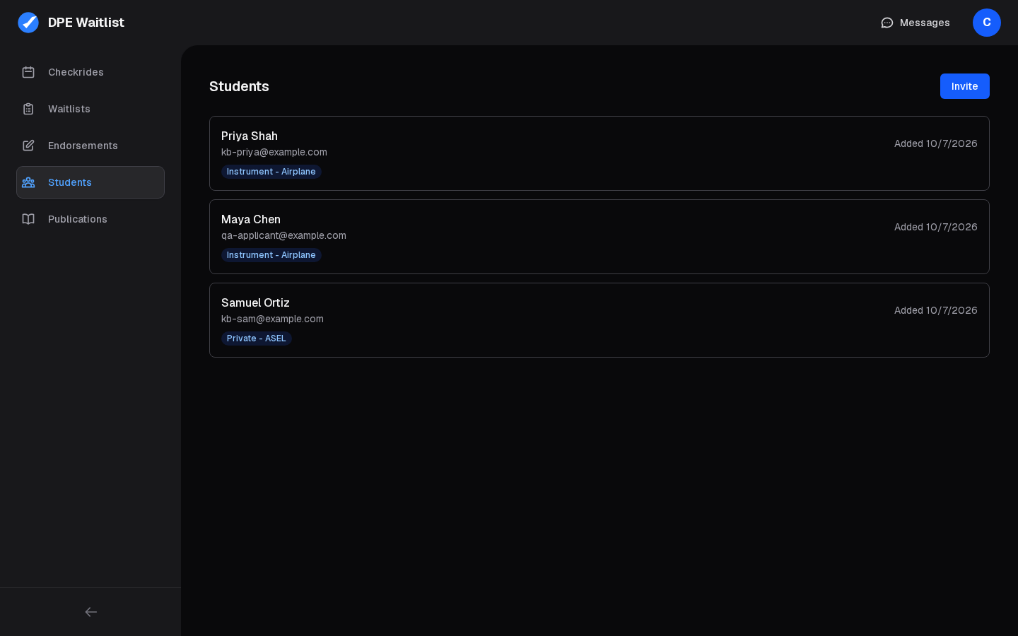 The Students page: each student with the checkride categories they authorized you for, and Invite