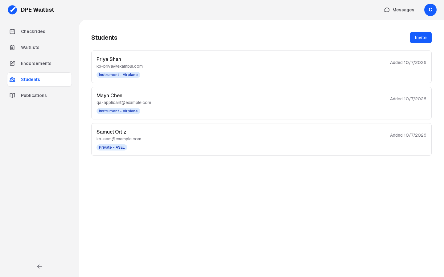 The Students page: each student with the checkride categories they authorized you for, and Invite