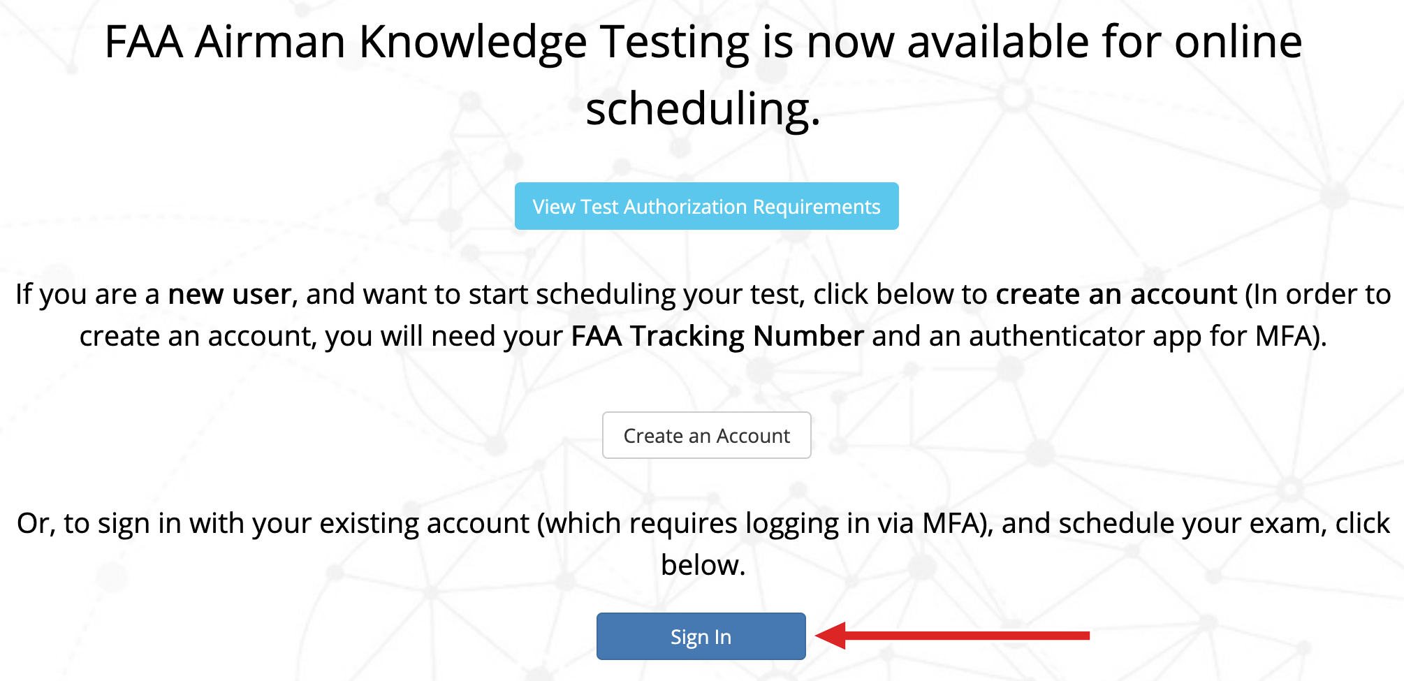 PSI's FAA Airman Knowledge Testing page: View Test Authorization Requirements, Create an Account, and an arrow pointing to Sign In
