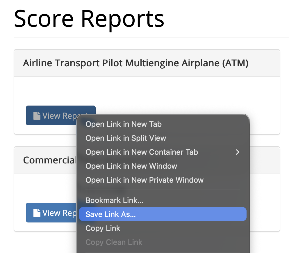 View Report right-clicked on a score report card, with Save Link As chosen in the menu