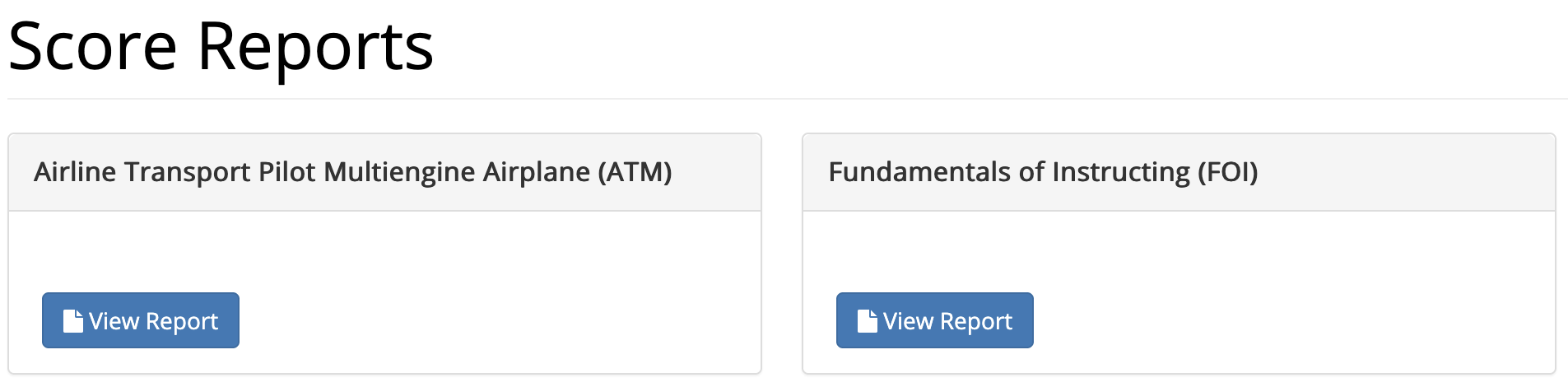 PSI's Score Reports: a card for each knowledge test taken, each with a View Report button