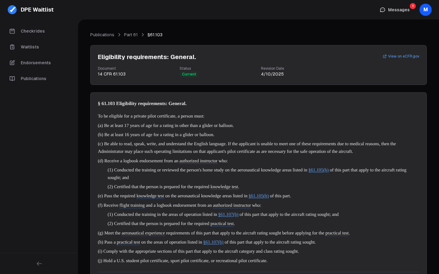 § 61.103 in the viewer: its document, status and revision date, a link to eCFR.gov, and its text with defined terms underlined and links to § 61.105(b) and § 61.107(b)