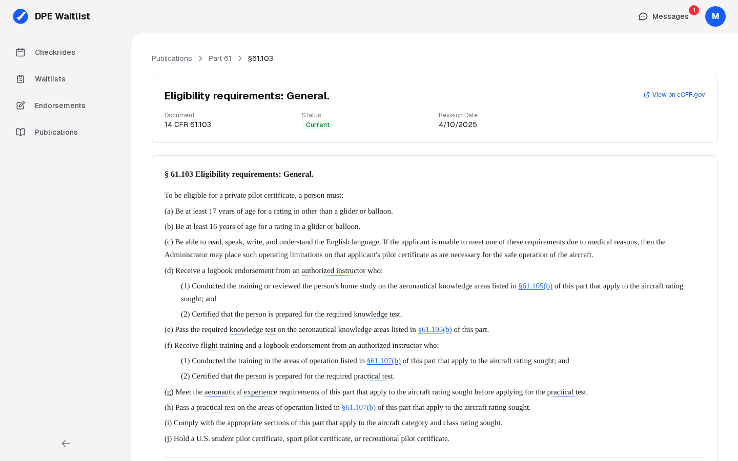 § 61.103 in the viewer: its document, status and revision date, a link to eCFR.gov, and its text with defined terms underlined and links to § 61.105(b) and § 61.107(b)