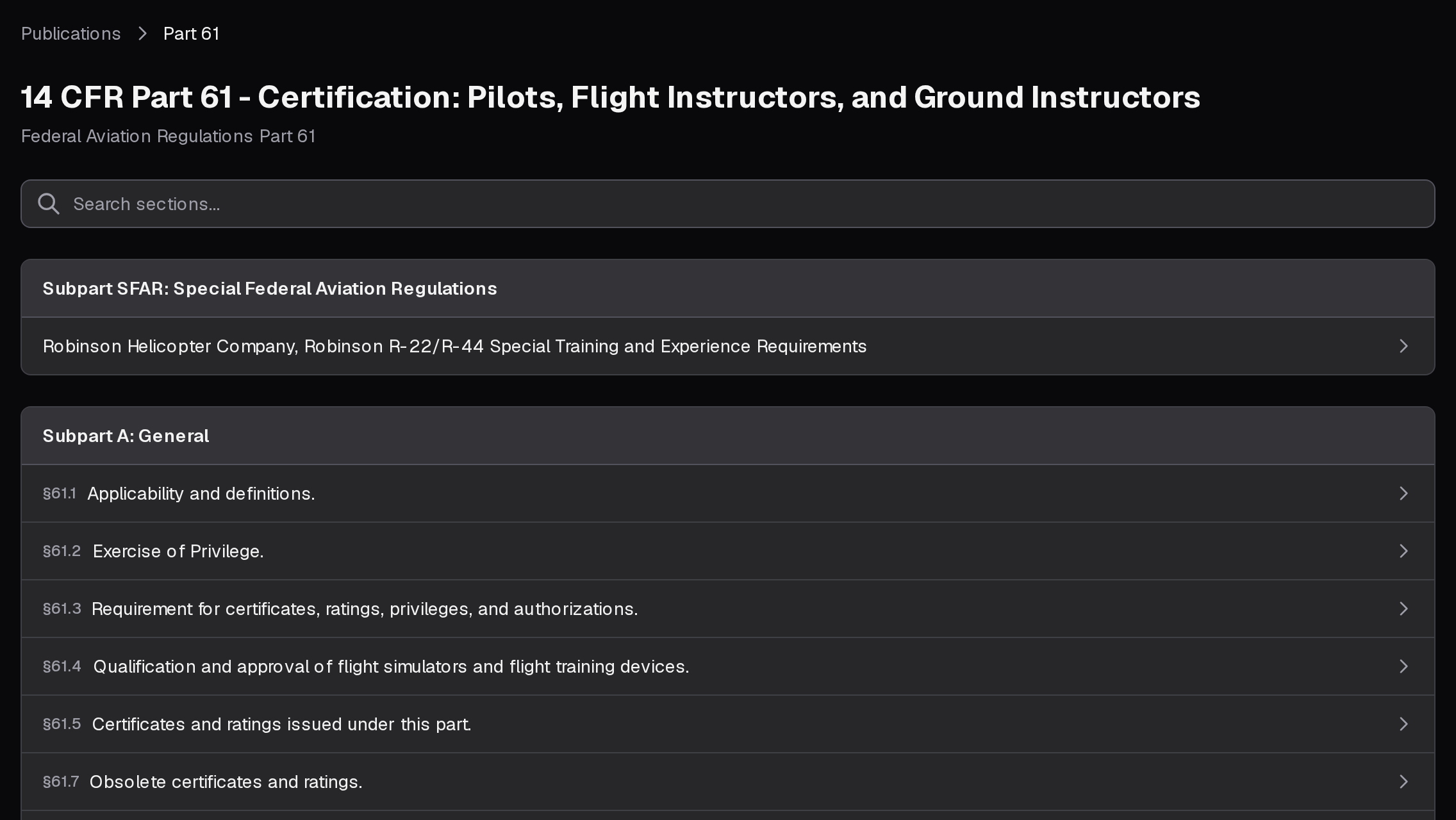 Part 61 opened: its search box, and its sections grouped by subpart