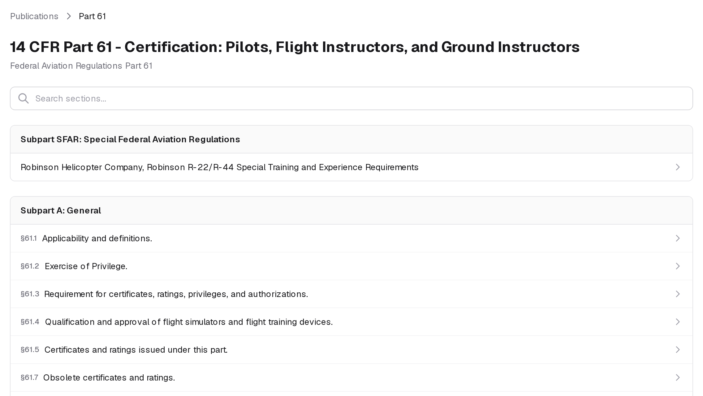 Part 61 opened: its search box, and its sections grouped by subpart