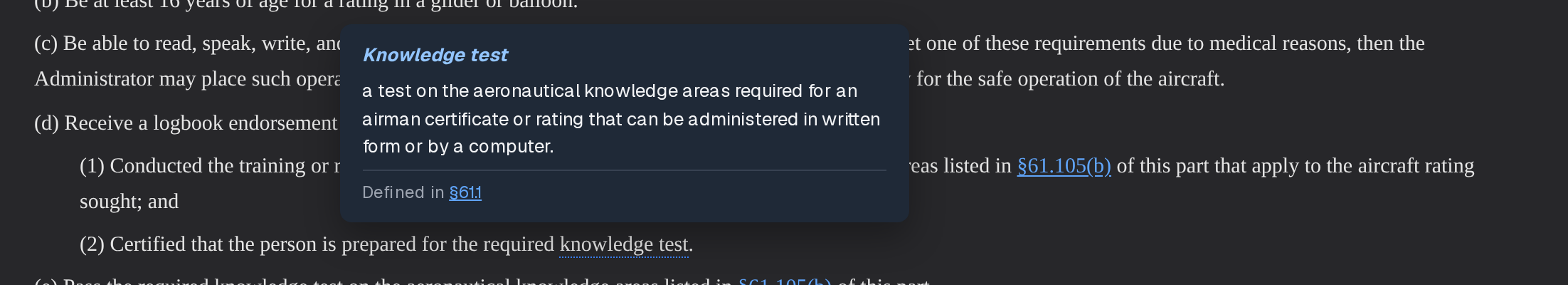 In § 61.103, the pointer over "knowledge test": its definition, and that it is defined in § 61.1