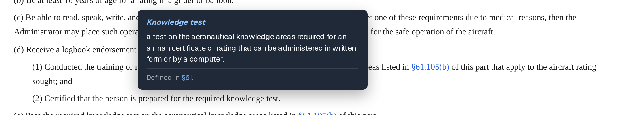 In § 61.103, the pointer over "knowledge test": its definition, and that it is defined in § 61.1