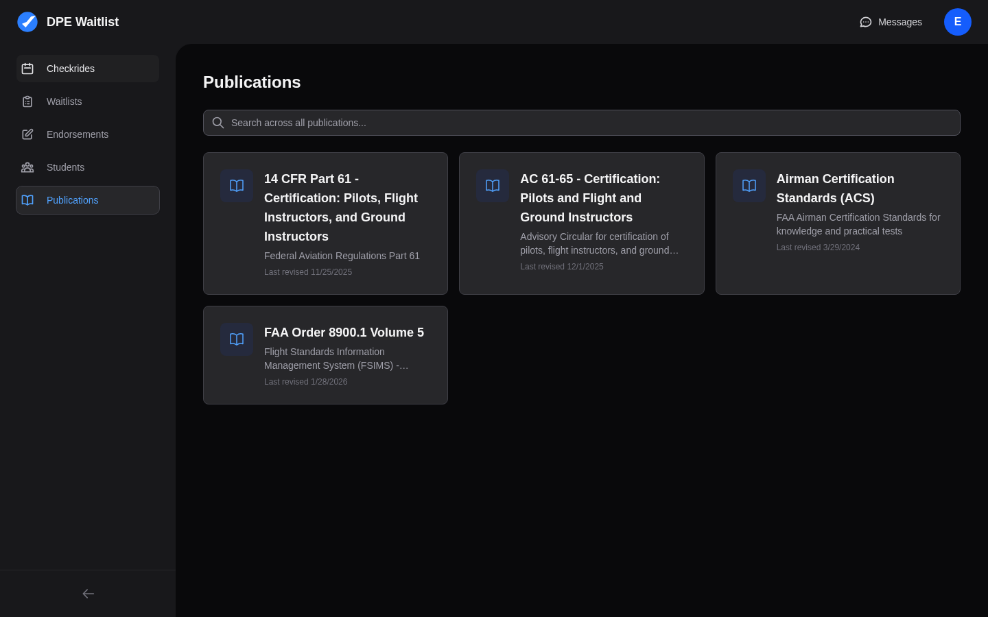 Publications page showing available FAA publications including 14 CFR Part 61, AC 61-65, Airman Certification Standards, and FAA Order 8900.1