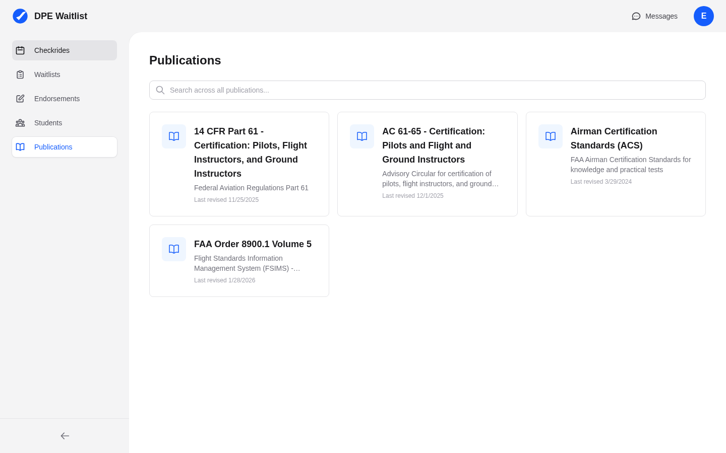 Publications page showing available FAA publications including 14 CFR Part 61, AC 61-65, Airman Certification Standards, and FAA Order 8900.1